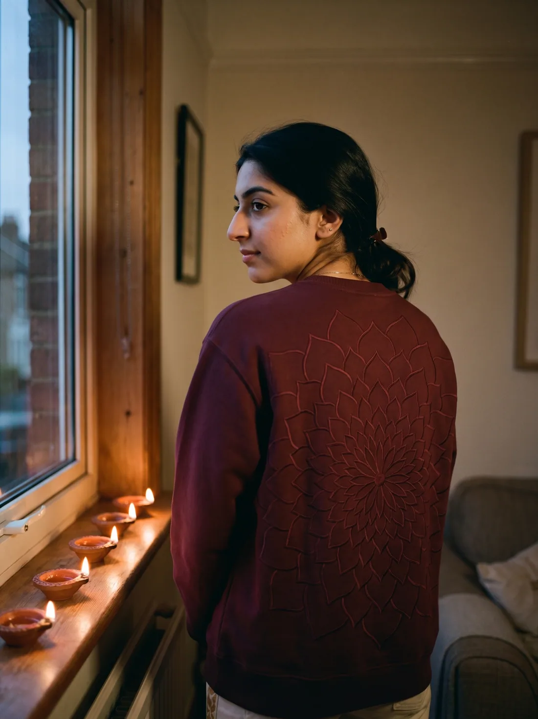 A woman in the maroon Rangoli Sweatshirt beside a row of diyas