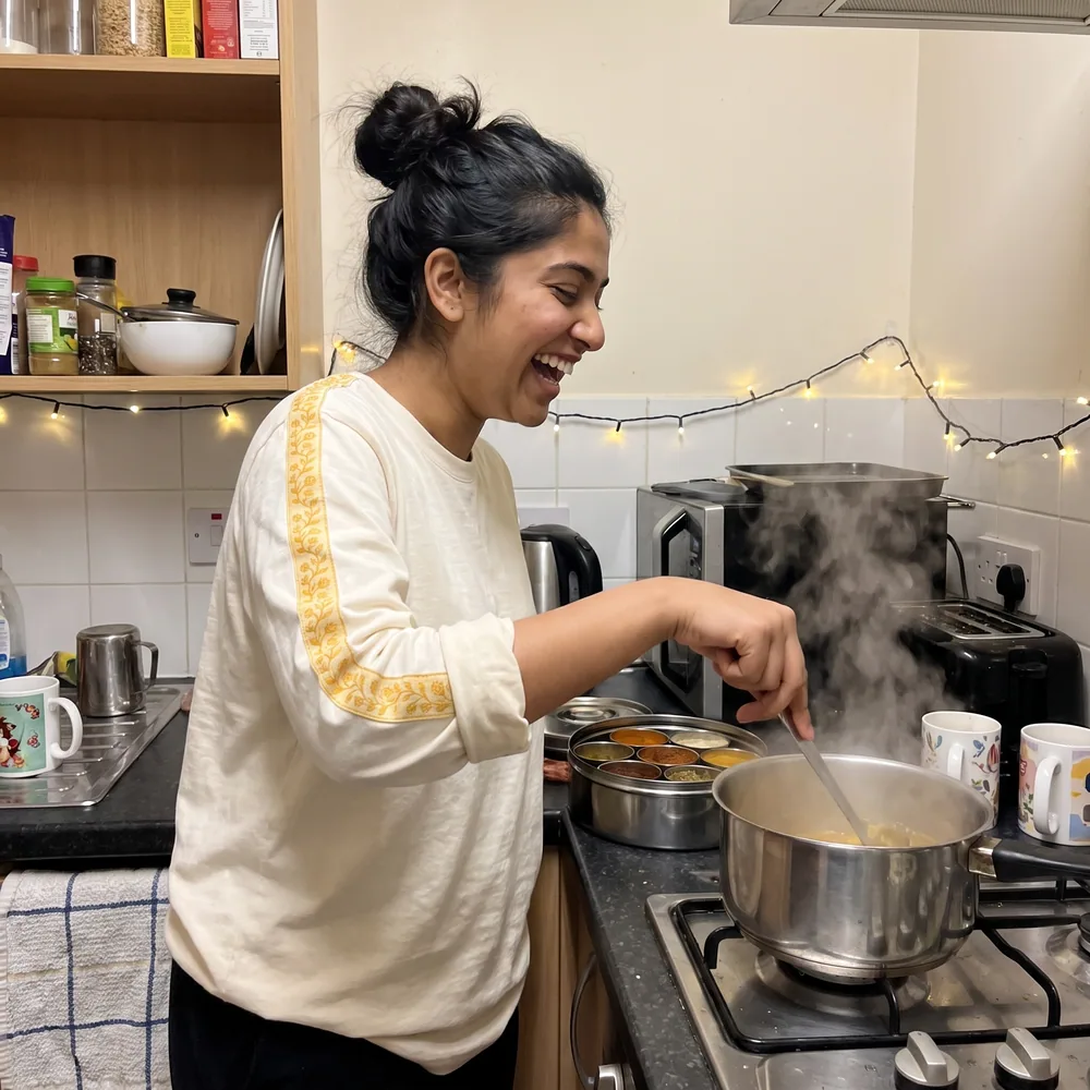 A customer cooking in the Marigold Long Sleeve