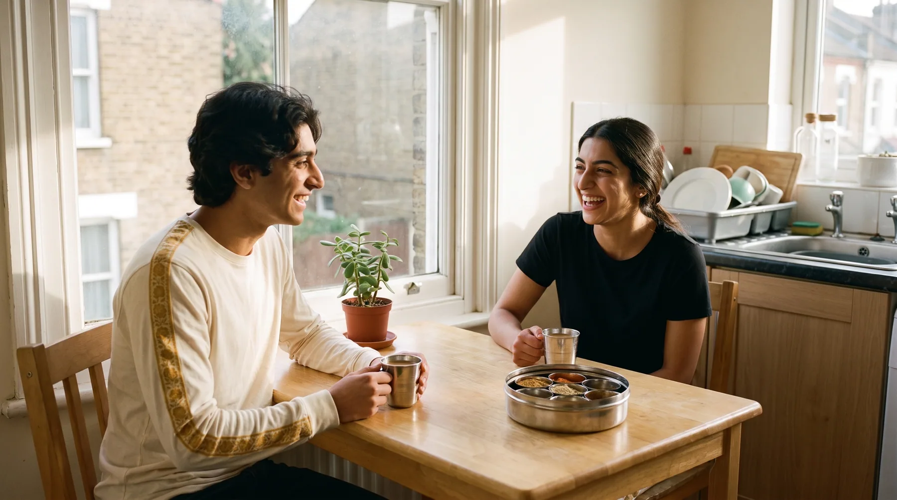 Two friends laughing over chai at a kitchen table, one in the Marigold Long Sleeve